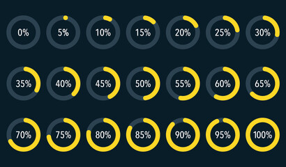 Set of yellow infographic percentage piecharts, segment of hole circle icons 10% - 100%, simple flat design loading data interface elements app button ui ux web, vector isolated on black background