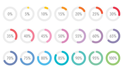 Colourful gradient infographic pie charts set, segment of circle icons 10% - 100%, simple flat design loading data interface elements app button ui ux web, vector isolated on white background