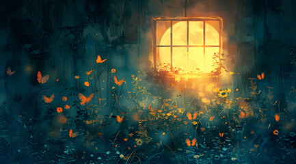 Moonlit Garden Serenade: Watercolor Scene with Indoor Lighting Reflections and Butterflies