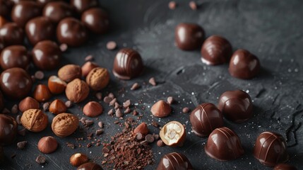 Obraz premium Chocolate covered Belgian candies and hazelnuts with a shiny coating