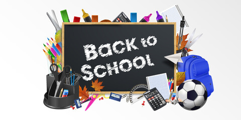 Welcome back to school text drawing by colorful chalk in blackboard with school items and elements. Vector illustration banner.