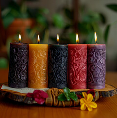 five ornate candles sitting on a wooden tray. A red candle, a black candle, a purple candle, a yellow candle and a green candle
