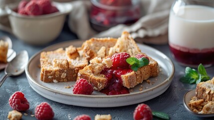 Crunchy croutons raspberry toast and a glass of milk for breakfast