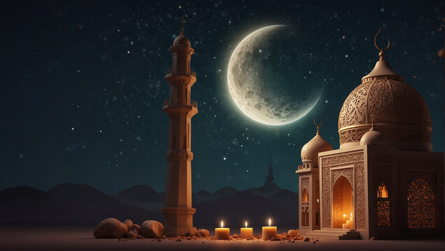 Blue mosque at night with city lights and silhouette of minarets, Crescent moon and mosque illuminated under a starlit night sky for Ramadan celebrations