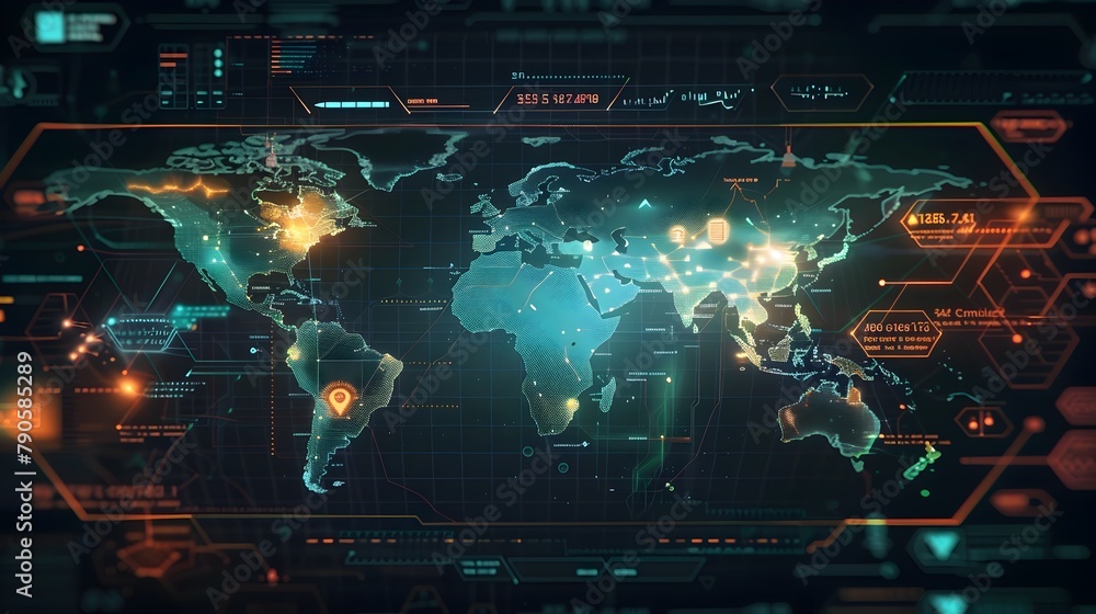Aufkleber futuristic digital global data visualization map with real-time overlays of weather,population,and e
