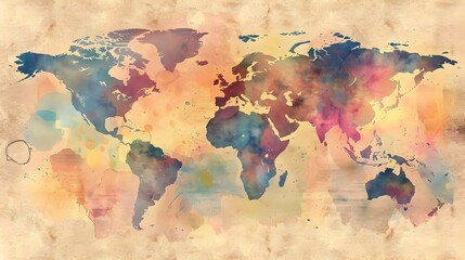 Vibrant Watercolor Depiction of the World Map - Representation of Global Geography - obrazy, fototapety, plakaty