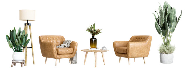 Modern interior furniture set in 3d rendering	
