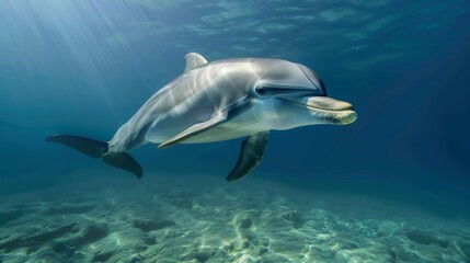 Captures the intricate play of light and shadow on a dolphin s body as it swims through sunlit waters, the soft grays providing a subtle elegance to its streamlined form