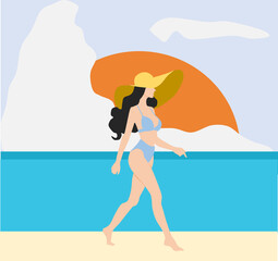 夏休みに海を満喫する女性のポスターイラスト