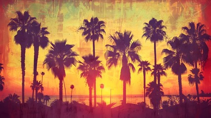Naklejka premium Cinematic Sunset Silhouettes of Palm Trees Against Vintage-Colored Sky