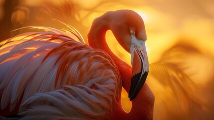 Captures a flamingo basking in the golden light of sunset, its feathers taking on a vibrant orange hue that radiates against the fading daylight, enhancing its striking presence - obrazy, fototapety, plakaty