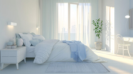 a beautiful clean, modern style bedroom with made bed, cleane, harmony, perfectly bright diffuse lighting 