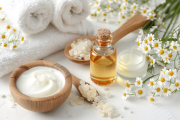 Fototapeta na wymiar Spa with cream essential oils towels on a white background copy space