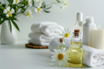 Fototapeta na wymiar Spa with cream, essential oils, towels on a white background, copy space