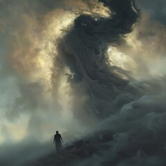 Embrace the depths of fear with a low-angle view of a towering, shadowy figure emerging from swirling mist in a dreamlike realm, rendered in photorealistic digital art