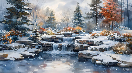 Adaptable Garden Delight: Watercolor Serene Scene with Magnetic Snowflakes for Seasonal Transformation