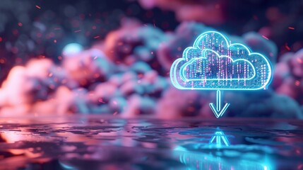 A futuristic cloud with an arrow pointing up, symbolizing the upward trend of digital transformation in business technology and data use cases  - obrazy, fototapety, plakaty