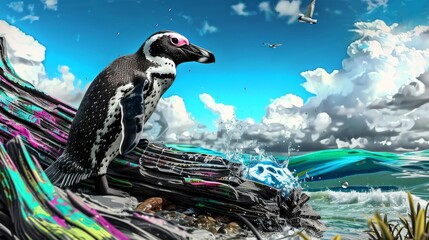 Arranges a scene of a curious penguin interacting with a piece of washedup driftwood, the surrounding water a rich cool blue, symbolizing the endless wonder of nature s interactions - obrazy, fototapety, plakaty