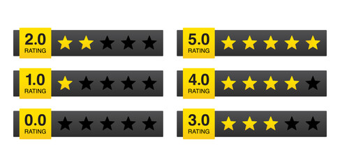 Product rating or customer review with gold stars set collection. Graphic symbol flat design interface illustration elements for app ui ux web banner button vector isolated on white background
