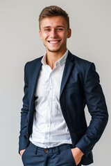 A young man with short hair style wearing suit hand in a pocket, on white background