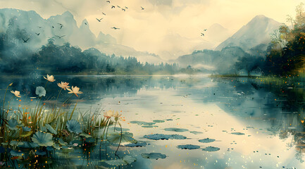 Dawn to Dusk Lake Serenade: Watercolor Lakeside Scene with Light-Adaptable Elements