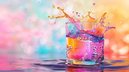 Splash of paint Colorful. Abstract background. Digital Art, colored floating liquid in the trend colors pink, orange, blue and violet, Brightly colored liquid splashing into a glass of water - obrazy, fototapety, plakaty