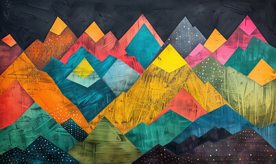 abstract landscape horizontal wallpaper with mountains peacks in geometric shapes and grunge texture colorful illustration	