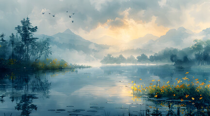 Lakeside Illumination: Watercolor Scene with Light-Responsive Dragonflies and Mist Effects