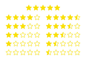 Product rating or customer review with gold stars set collection. Graphic symbol flat design interface illustration elements for app ui ux web banner button vector isolated on white background