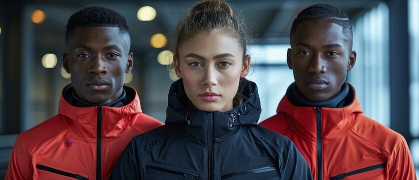 Athletic gear innovation presentation, designers revealing smart sportswear that monitors health metrics, sleek and modern