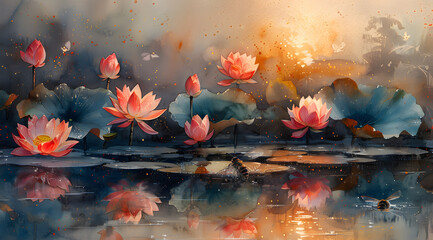 Tranquil Waterscape: Watercolor Lakeside View with Blooming Lotuses and Insect Activity