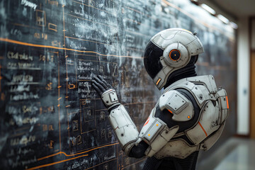 robot teacher professor teaches at blackboard in a school classroom in class