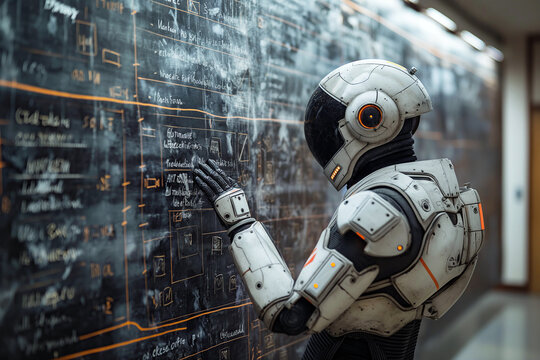 robot teacher professor teaches at blackboard in a school classroom in class