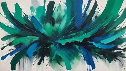 Abstract artwork featuring bold emerald green and electric blue brushstrokes set against a muted background.