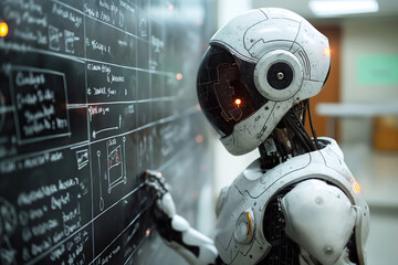 white robot student learns at blackboard in classroom in lesson