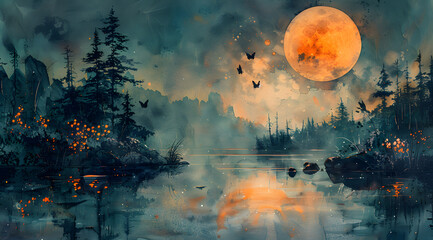 Eclipse Enchantment: Watercolor Painting of Tranquil Lake During Lunar Eclipse