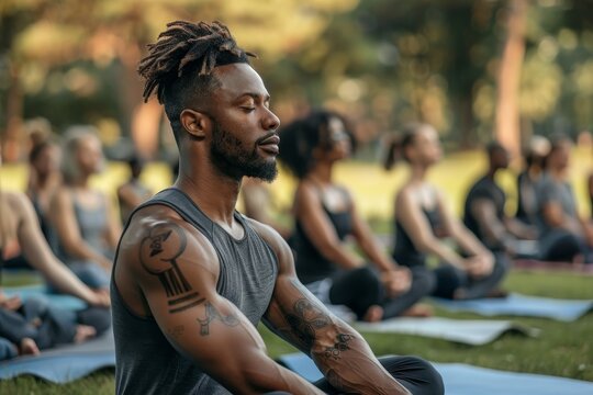 A fitness coach is leading an outdoor yoga class with a diverse group of participants on mats in a serene park setting