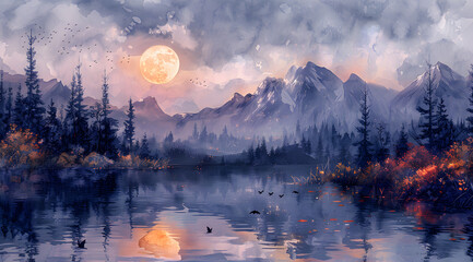 Silvery Serenade: Watercolor Scene of Lunar Eclipse Casting Unusual Light on Lake - obrazy, fototapety, plakaty