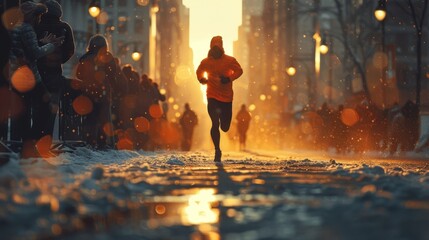 Sports advertising shoot, camera crew capturing a sprinter in full stride, urban backdrop, high...