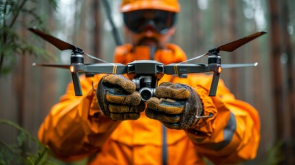 Expert logger controlling a drone for forestry surveillance - Powered by Adobe