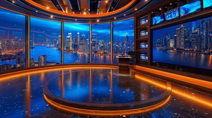 Sports news studio set, vibrant graphics on screens, anchor reporting live, dynamic and informative atmosphere