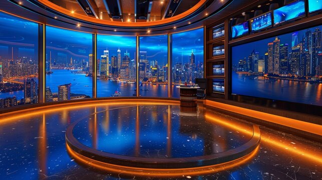 Sports news studio set, vibrant graphics on screens, anchor reporting live, dynamic and informative atmosphere