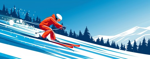 Winter sports scene, a skier descends a snowy mountain with speed under a clear blue sky, with pine trees blurred by movement