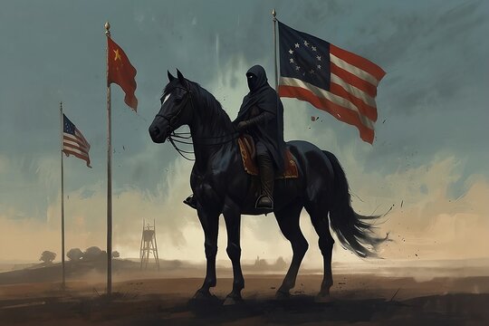 cloaked man rinding a black horse waving a flag with some kind of symbol, digital art style, illustration painting