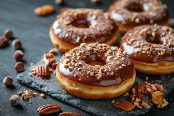 Gourmet chocolate glazed donuts with nuts on a dark slate