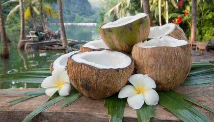 Tropical Delight: Freshly Cut Coconuts Ready for Indulgence" delicious coconut water coconut background wallpaper
