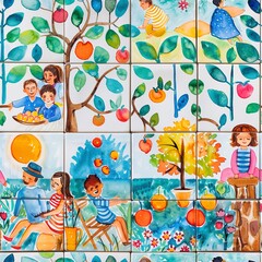 Obraz na płótnie Canvas Seamless watercolor tiles depicting families picnicking under the sun, each blending smoothly with vibrant colors of nature and joy. Seamless Pattern, Fabric Pattern, Tumbler Wrap, Mug Wrap.