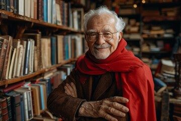 Elderly superhero posing with confidence in a library setting