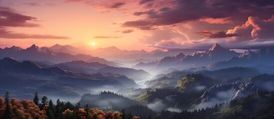 Panoramic view of the mountains. Sunrise in the mountains.