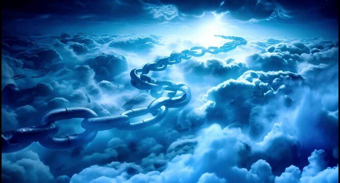 A dark chain rising up from the clouds towards the light
